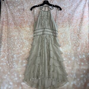 BCBGMAXAZRIA Womens Silk Ruffle Halter Dress Beige Braided Trim Size 6